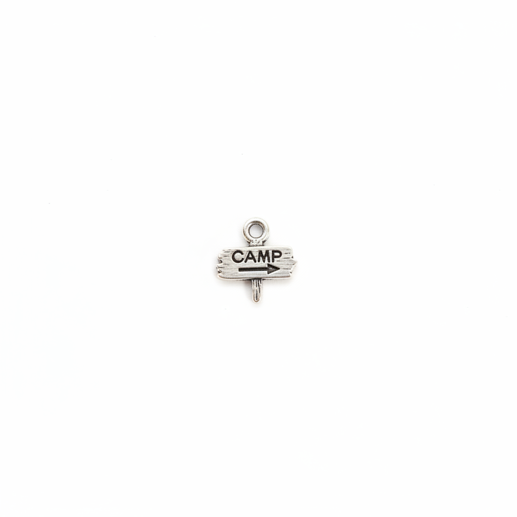 Silver camp sign charm on white background