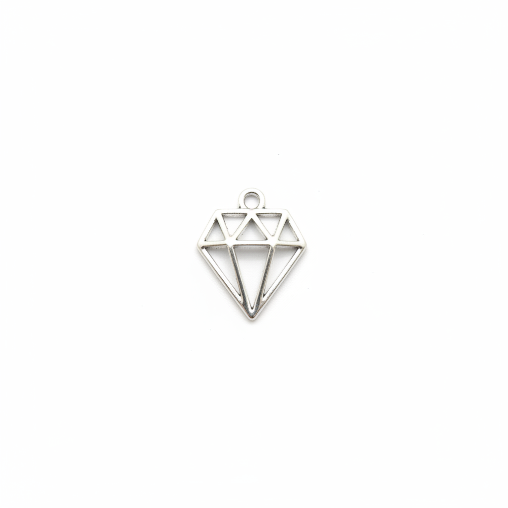 Silver diamond charm on white background