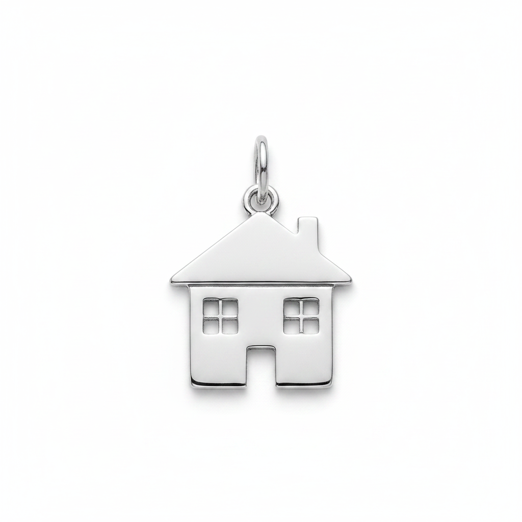 Silver house charm on white background